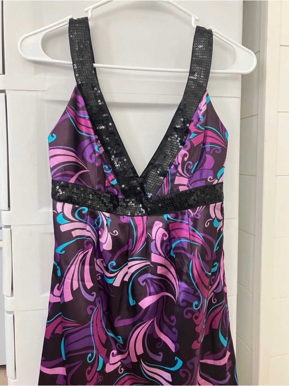 Emilio Pucci Inspired Sequin Trim V-Neck Party Dress in Purple & Teal Swirl